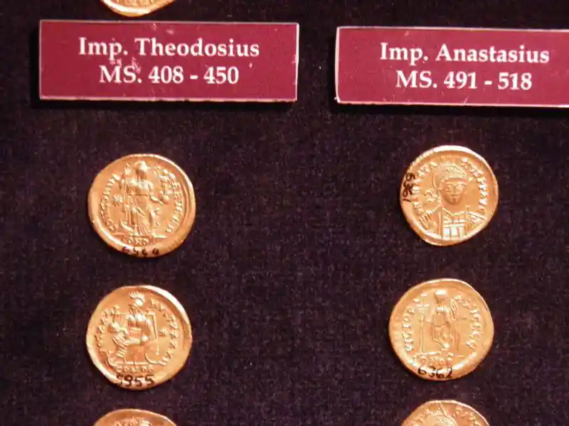 Stars and crosses on coins engraved on coins during the time of emperor Theodosius II and Anastacius, dated 408-450.